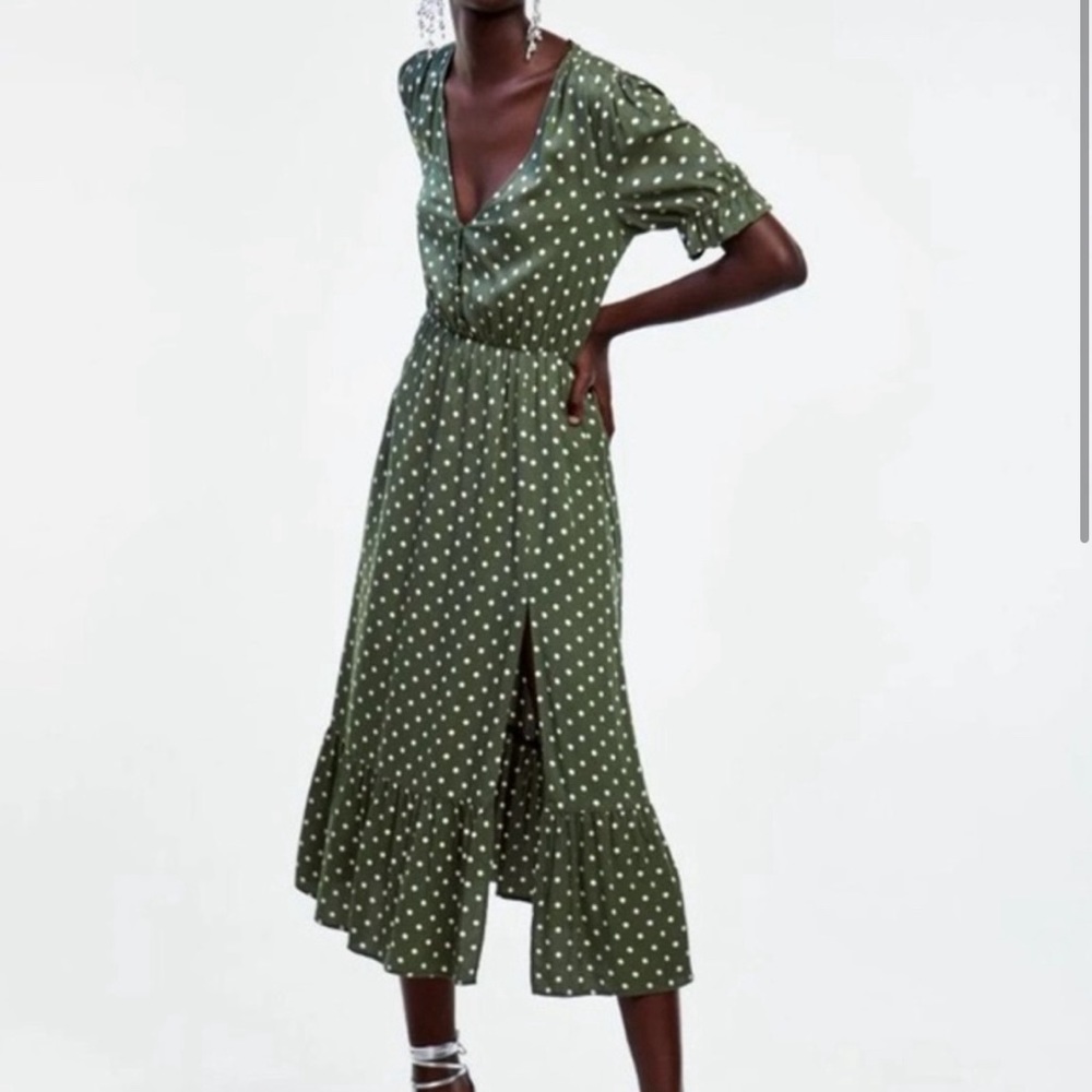 ZARA green polka dot midi dress XS